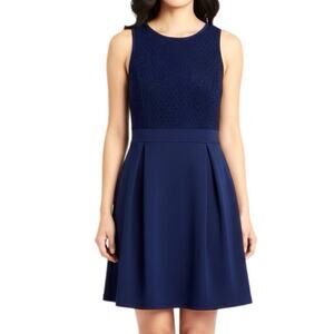 Dina Be Women's Fit & Flare Dress Size M Navy Blue Sleeveless Ponte Mini Pleated